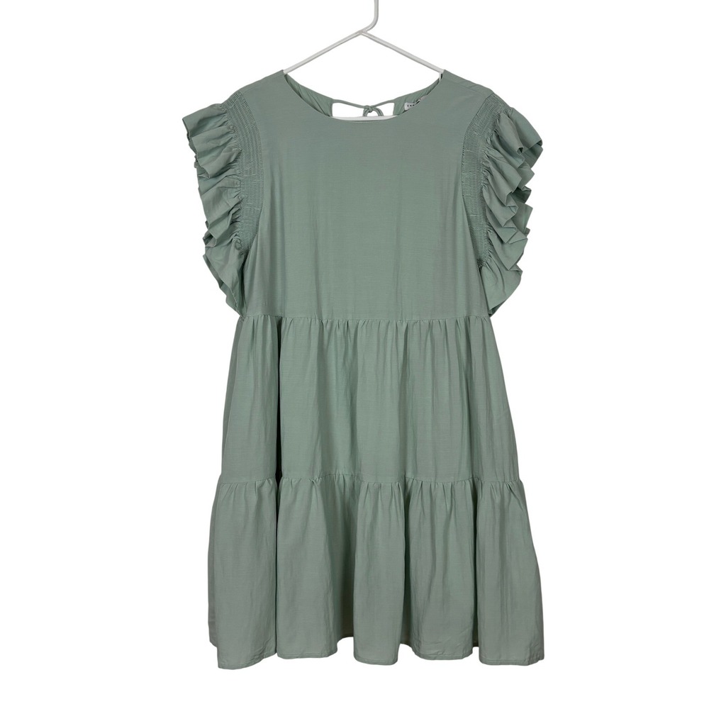 English Factory Tiered Mini Dress Sage Green Ruffle Smocked Babydoll Cottage L